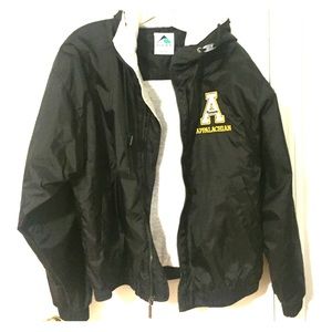 Black hooded zip up Appalachian windbreaker.