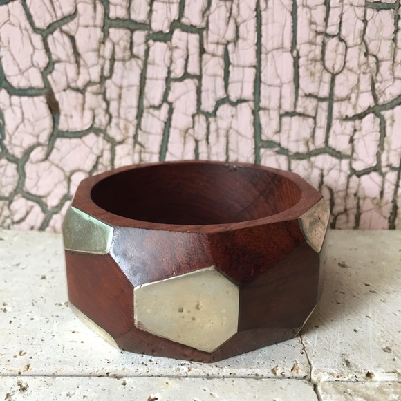 Boho Wooden & Brass Geometric Bangle Bracelet