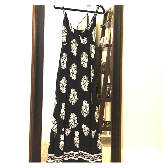 Navy maxi dress w/cream-tan feather accents