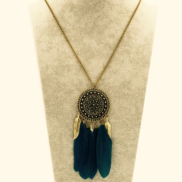 Dream Catcher Long Blue Feather Carved Pendant - Picture 4 of 4