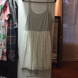 Cute white lace and grey and white striped dress!