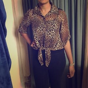 Leopard print tie front blouse
