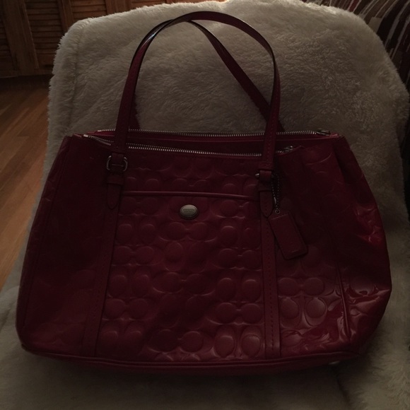 COACH red patent multi pocket handbag