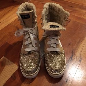 Sperry Gold Sequin Boot, women's 8.5M, good cond