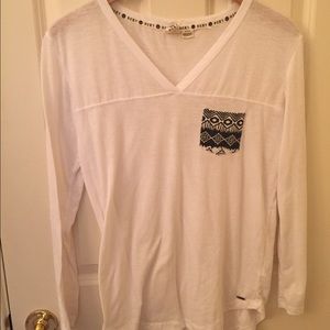 White Roxy Long Sleeve Tee with Tribal Pocket
