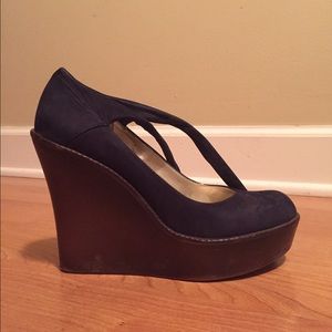 Blue suede shoes! Wedge Mary Janes w/ tie strap.