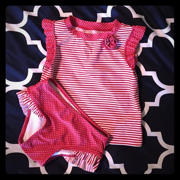 3T red/white stripes and polka dot swimsuit