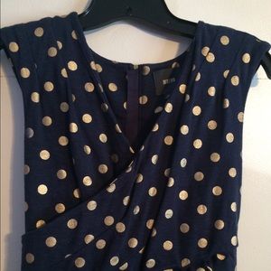Anthropologie Navy Sweatshirt Gold Polka Dot Dress