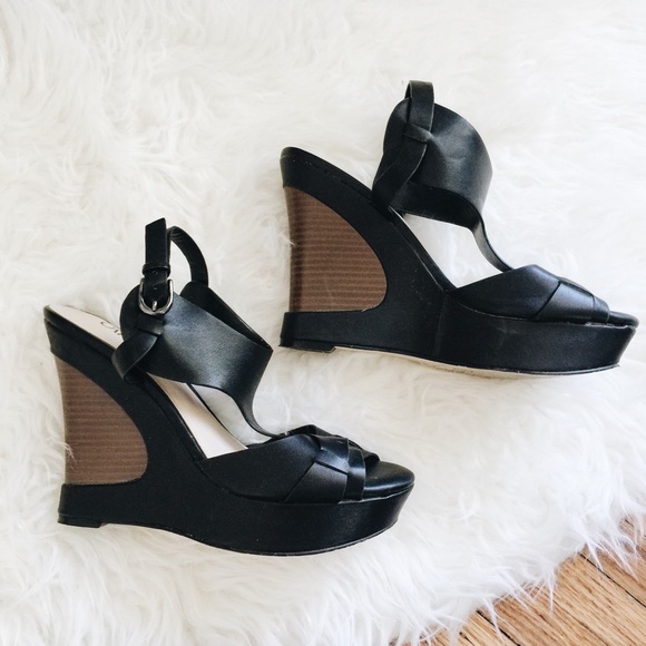 Black Pleather Wooden Wedges