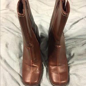 Brown heeled mid calf boots