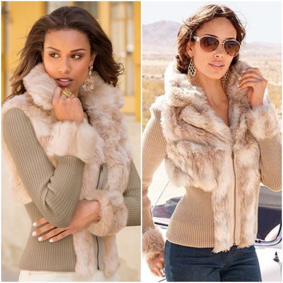 Boston Proper Sweaters - Tan Snowbunny Faux Fur Zip Front Cardigan Sweater