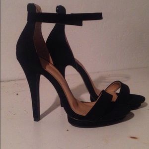 Black open toe ankle strap pumps