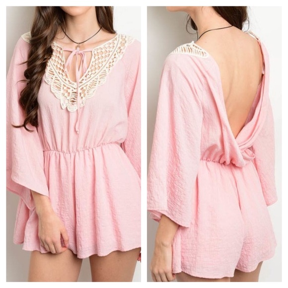 Boutique Pants - Pink/ecru crochet romper