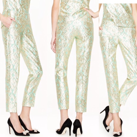 J.Crew Cafe Capri Gold & Melon Pink Brocade Pants - Picture 2 of 3