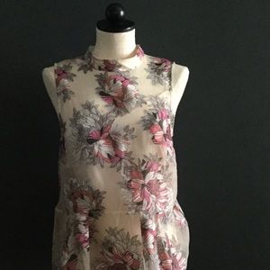 Peplum tank with mandarin collar w/ floral overlay