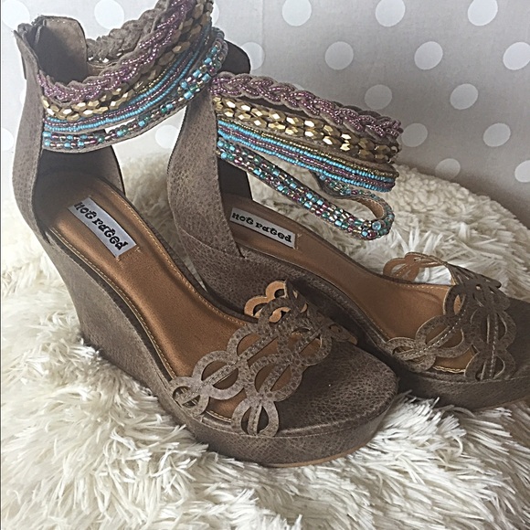 Platform/wedge sandals with beaded ankle straps.