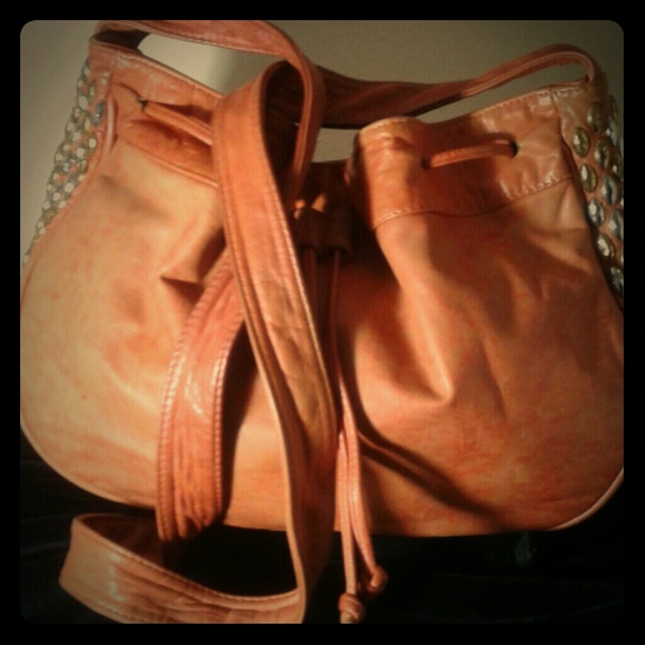 Leather orange purse with gold and silver studs - Picture 1 of 4