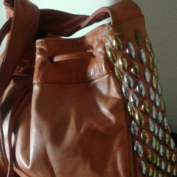 Leather orange purse with gold and silver studs - Picture 2 of 4