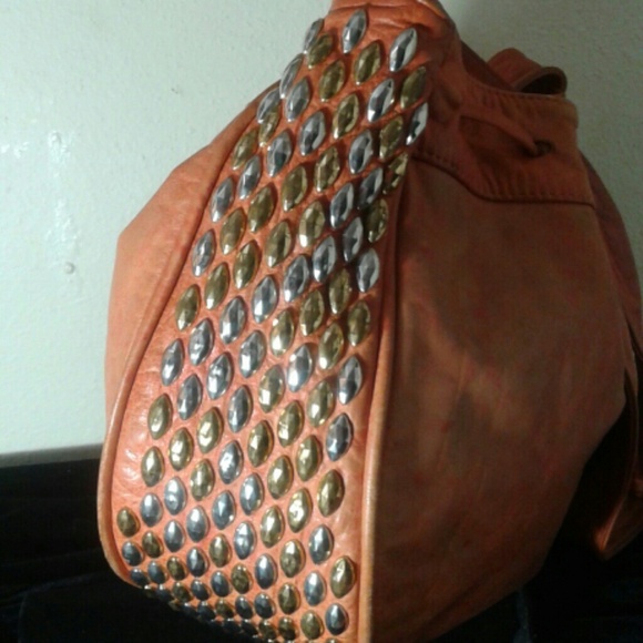 Leather orange purse with gold and silver studs - Picture 4 of 4