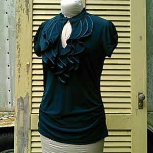 Teal Blouse Ruffle Neckline Sz XL