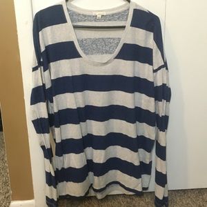 Long sleeved navy blue and grey striped shirt