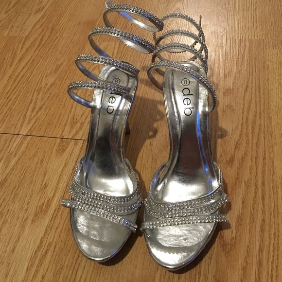 Debs Wrap around calf silver/rhinestone heels