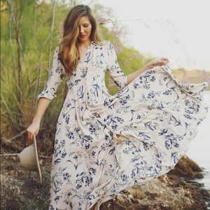 Floral print maxi dress- taupe w/ blue floral, S