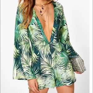 BooHoo Fergie Flare Palm Print Playsuit
