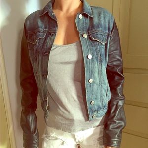 Rag & Bone jean jacket with black leather sleeves