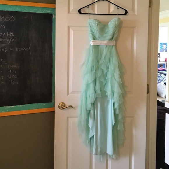 Mint high low strapless dress with ruffle bottom