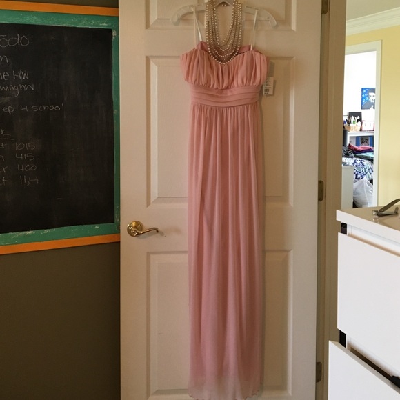 Long pink halter prom dress with pearl neckline