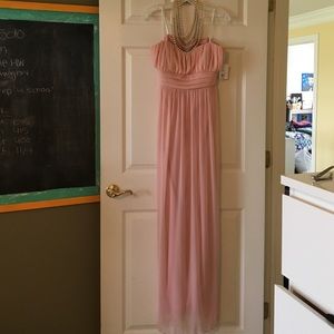 Long pink halter prom dress with pearl neckline