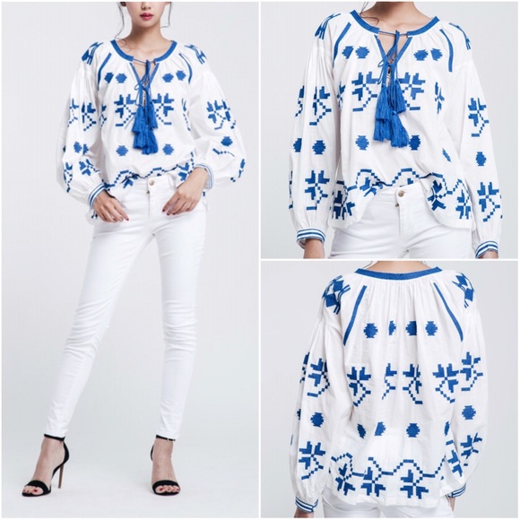 Blue Embroidered Puff Sleeves Blouse With Tassels - Picture 2 of 4