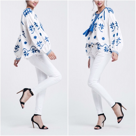 Blue Embroidered Puff Sleeves Blouse With Tassels - Picture 1 of 4