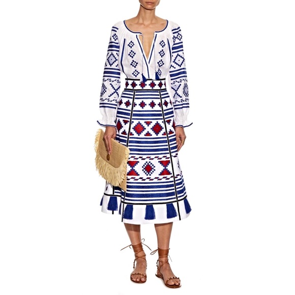 Blue Embroidered Puff Sleeves Blouse With Tassels - Picture 3 of 4