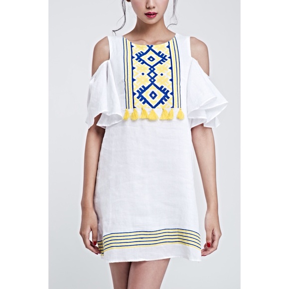 Cold Shoulder Dress Yellow Embroidered & Tassels