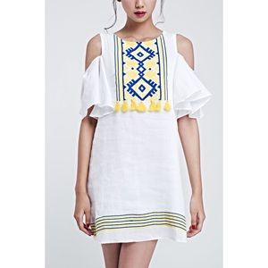 Cold Shoulder Dress Yellow Embroidered & Tassels
