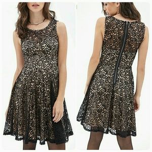 Forever 21 Black Lace Over Taupe A-Line Dress Sz S