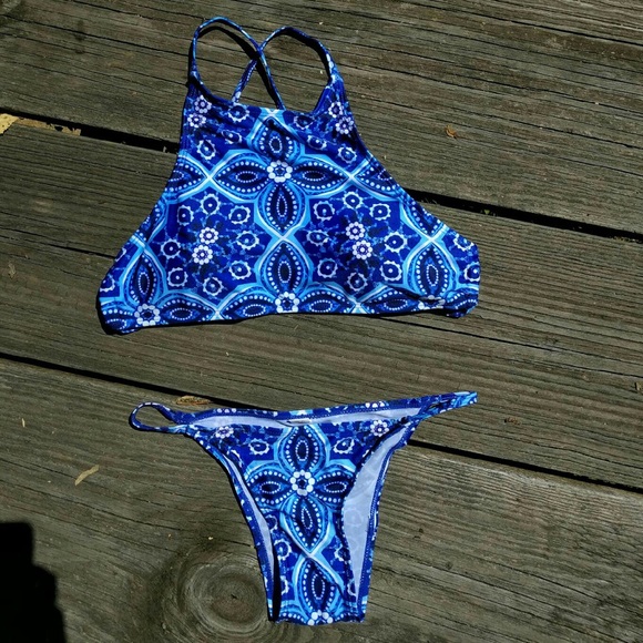 Size M blue halter bikini.
