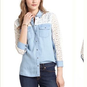 Anthropologie chambray button down w/ lace sleeves