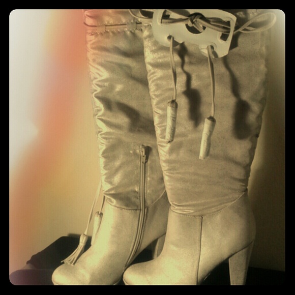 Tan metallic shimmering tall boots red bottoms