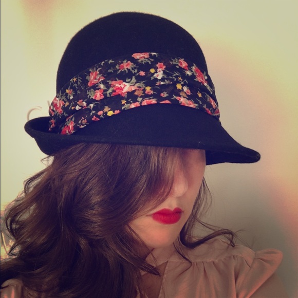 Black Wool Cloche Hat with floral band