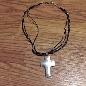 Silpada Black Leather CZ necklace & Hammered Cross