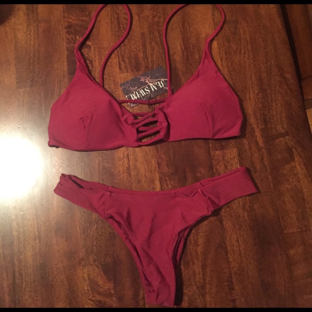 L TOP S BOTTOM LEFT• Wine Red Caged-In Bikini • - Picture 4 of 8