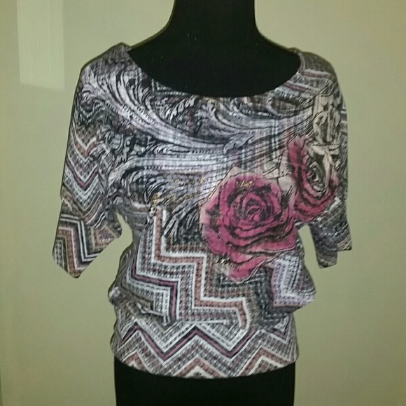 Rose print dolman sleeve top with metallic accents - Picture 1 of 2