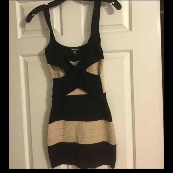 bebe Dresses & Skirts - 🖤Bebe Black + Tan Body Conscious Mini Dress🖤