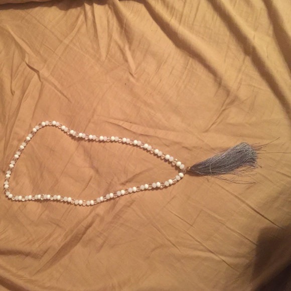 Beaded white, clear and grey tassel necklace - Picture 1 of 2