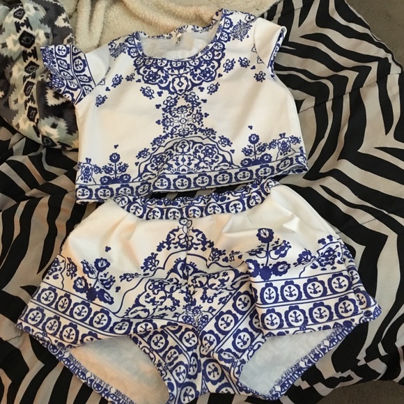 Summer Blue Porcelain 2piece jumpsuit Women romper