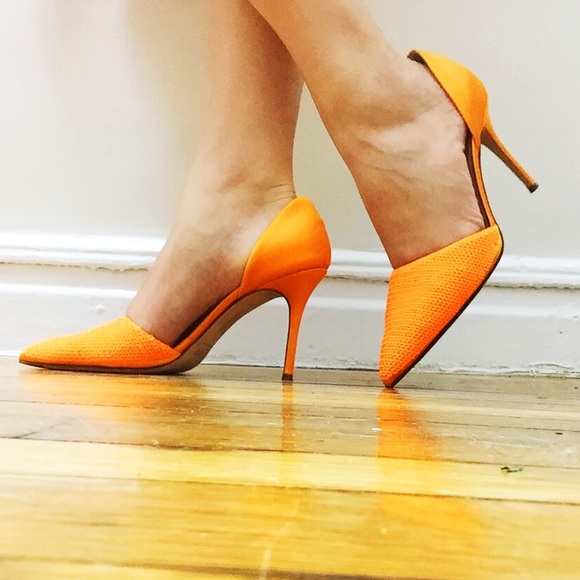 Neon orange, sequin tipped, J Crew heels