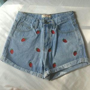 Strawberry embroidered denim shorts